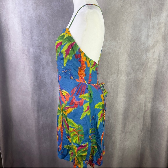 Farm Rio Sunny Day Linen Blend Mini Dress Women Large Blue Tropical Lace Up Back - Picture 2 of 10